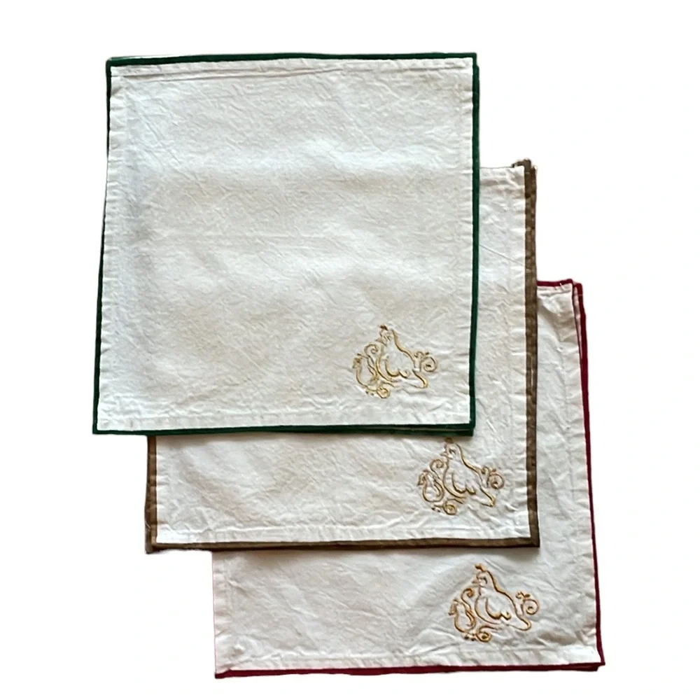 CHRISTMAS VINTAGE PIER 1 Cream Cocktail Napkins S/6 Partridge Gold Embroidered